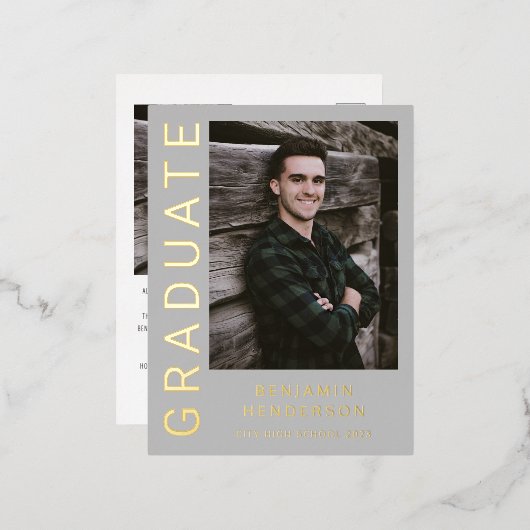 Gray Boy Photo Gold Foil Faire-part de graduation (Recto/Verso)