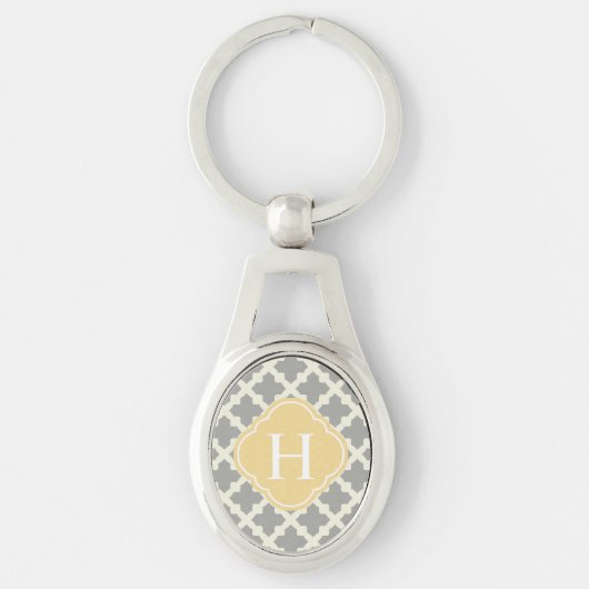 Gray & Buff Modern Moroccan Quatrefoil Monogram Sleutelhanger (Voorkant)