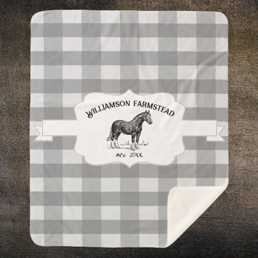 Gray Buffalo Plaid Farm Horse Sherpa Blanket