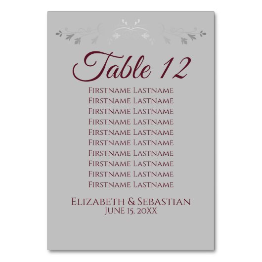 Gray & Burgundy Simple Wedding Seating Chart Kaart (Voorkant)