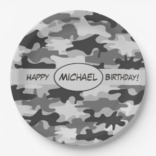 Gray Camouflage Happy Birthday Name Persoonlijk Papieren Bordje