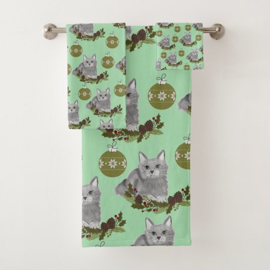 Gray Cat Pattern met Green Ornaments Bad Handdoek (Insitu)