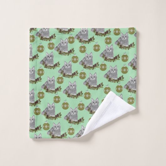 Gray Cat Pattern met Green Ornaments Bad Handdoek (Wasdoekje)