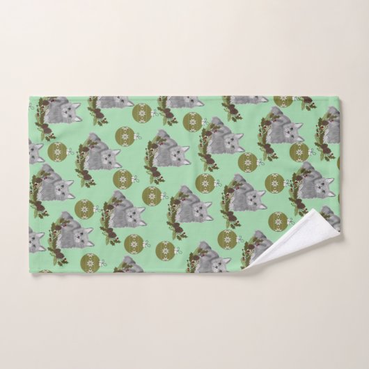 Gray Cat Pattern met Green Ornaments Bad Handdoek (Handdoek)
