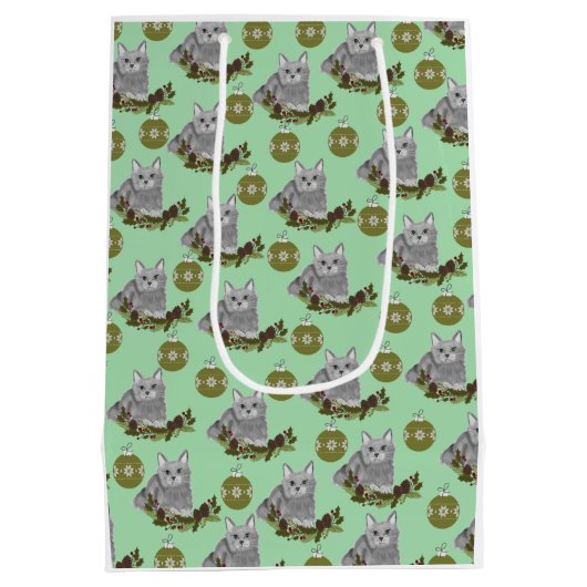 Gray Cat Pattern met Green Ornaments Medium Cadeauzakje (Achterkant)