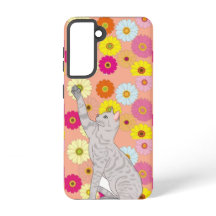 Gray Cat Reaching for Flowers Samsung Galaxy Case