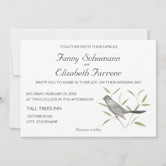 Gray Catbird Bird Art Wedding Invitation Kaart (Voorkant)