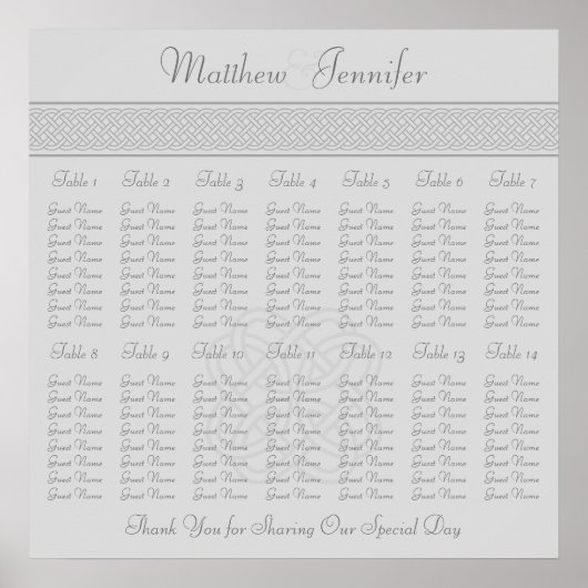Gray Celtic Knot Wedding Reception Sezing Chart Poster (Voorkant)