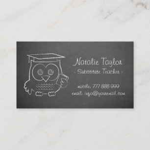 Gray Chalkboard Cute Owl Doodle Substitut Teacher Visitekaartje