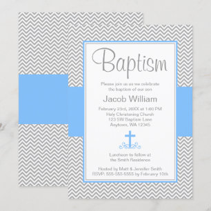 Gray Chevron Blue Cross Boy Baptism Christening Kaart