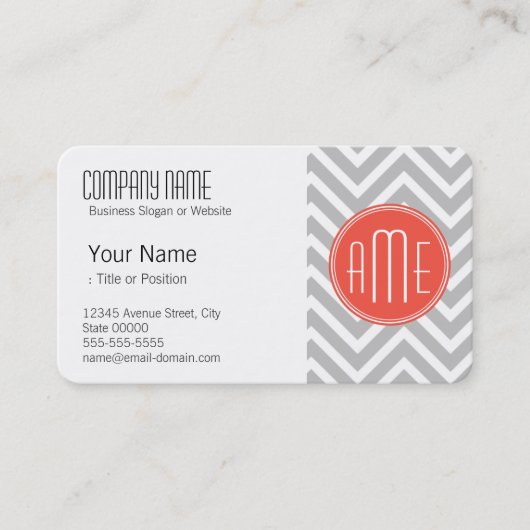 Gray Chevron en Coral Custom Monogram Visitekaartje (Voorkant)