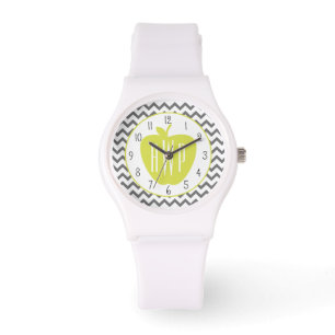 Gray Chevron en Neon Apple Monogram leraar Horloge
