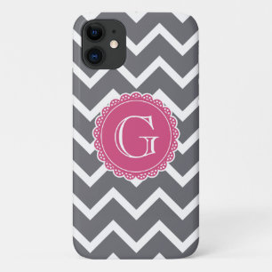 Gray Chevron Floral Pink Monogram Sjabloon iPhone 11 Hoesje