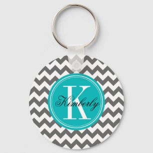 Gray Chevron met Blauwgroen monogram Sleutelhanger
