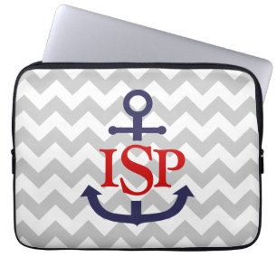 Gray Chevron Monogram Anchor Laptop Sleeve