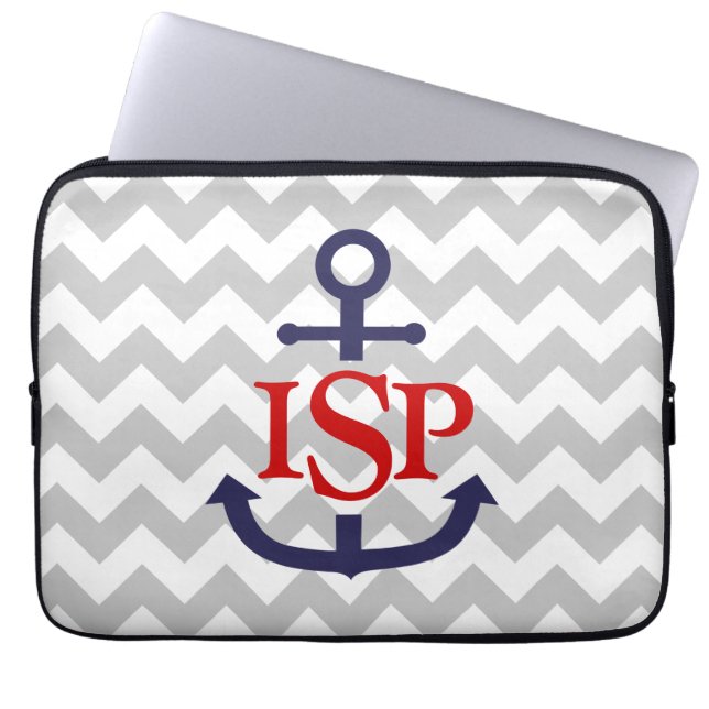 Gray Chevron Monogram Anchor Laptop Sleeve (Voorkant)