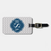 Gray Chevron Navy Monogram Initiaal Letter Bagagelabel (Voorkant horizontaal)