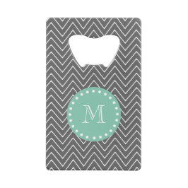 Gray Chevron Pattern Mint Green Monogram Kredietkaart Flessenopener