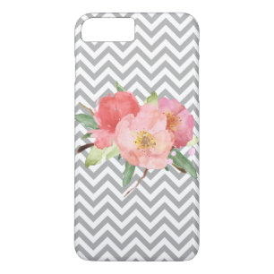 Gray Chevron Pink Waterverf Floral iPhone 8 Plus / 7 Plus Hoesje