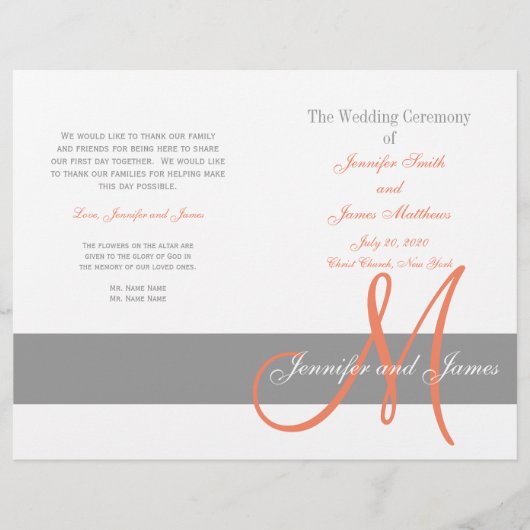 Gray Coral Wedding Program | Monogram (Voorkant)
