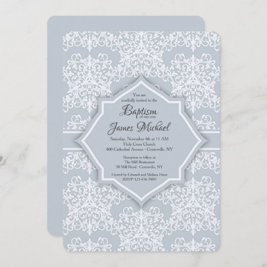 Gray Damask Baptême Invitation (Devant / Derrière)