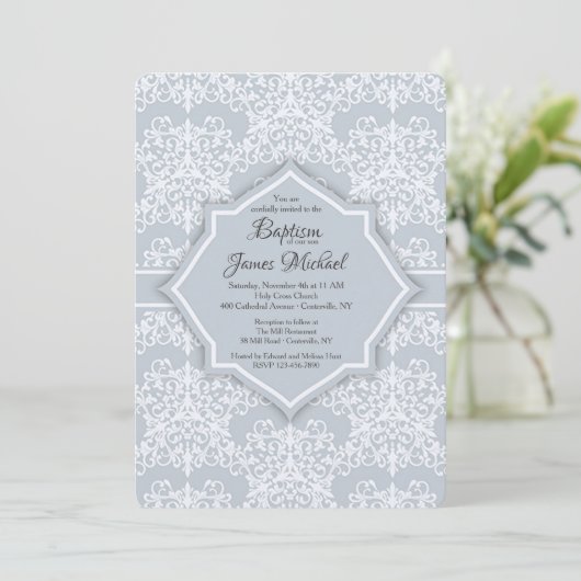 Gray Damask Baptême Invitation (Debout devant)