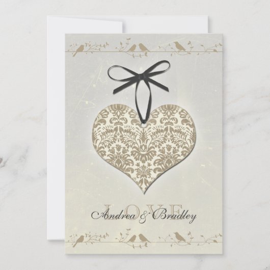 Gray Damask Heart Wedding Invitation Kaart (Voorkant)