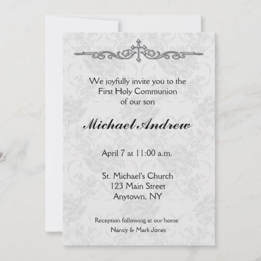 Gray Damask Religieuze Uitnodiging (Voorkant)