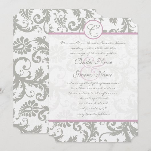 Gray Damask Sweet Lila Wedding Invitations Kaart (Voorkant / Achterkant)