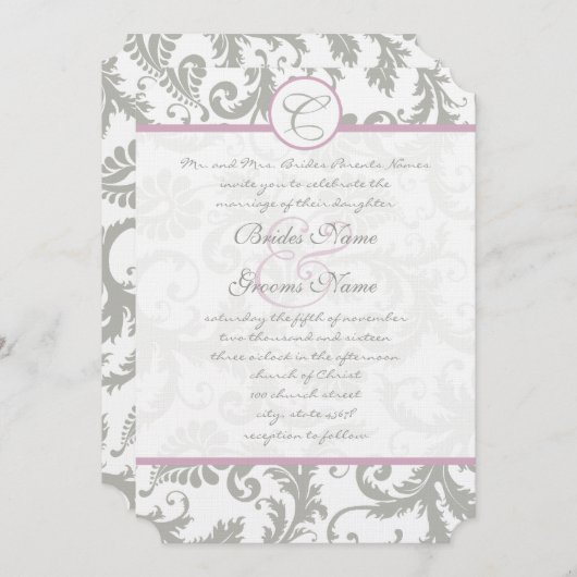 Gray Damask Sweet Lilac Mariage Invitations (Devant / Derrière)