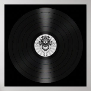 Gray Dj Sugar Skull op vinyl Record Graphic Poster
