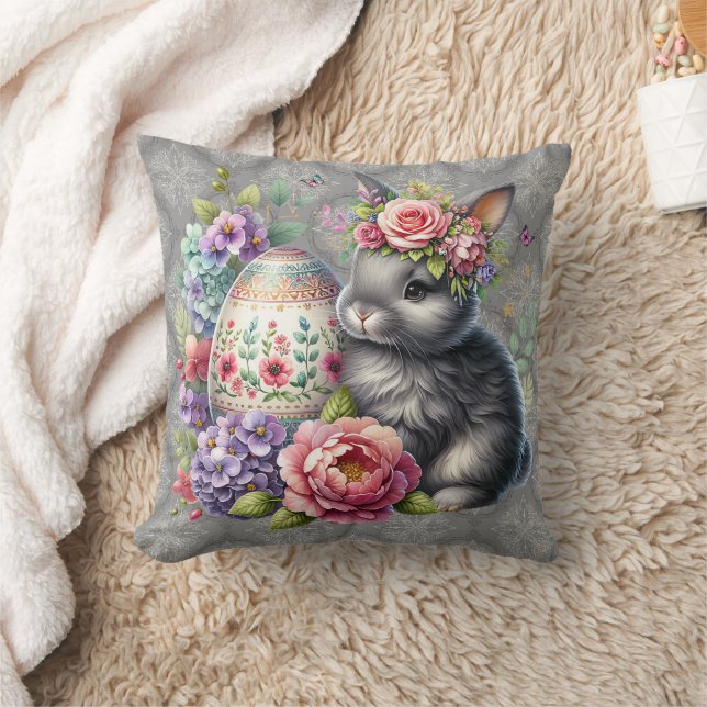 Gray Easter Bunny Damask Pattern Throw Pillow Kussen (Deken)