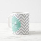 Gray en Aqua Chevron Aangepast monogram Koffiemok (Voorkant links)