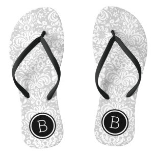 Gray en Black Floral Damask Monogram Teenslippers