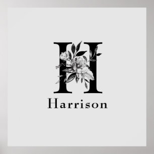 Gray en Black Floral Monogram Letter H Aangepast Poster