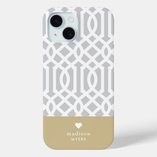 Gray en Gold Trellis Heart Monogram Case-Mate iPhone Case (Achterkant)