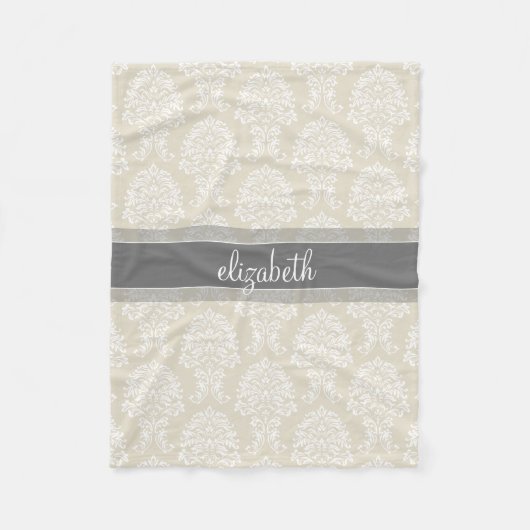 Gray en Linen Damask Patroon met Naam Fleece Deken (Voorkant)