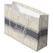Gray en Linen Damask Patroon met Naam Groot Cadeauzakje (Voorkant Gekanteld)