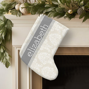 Gray en Linen Damask Patroon met Naam Kleine Kerstsok