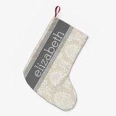 Gray en Linen  Damask Patroon met Naam Kleine Kerstsok (Voorkant (Hangend))