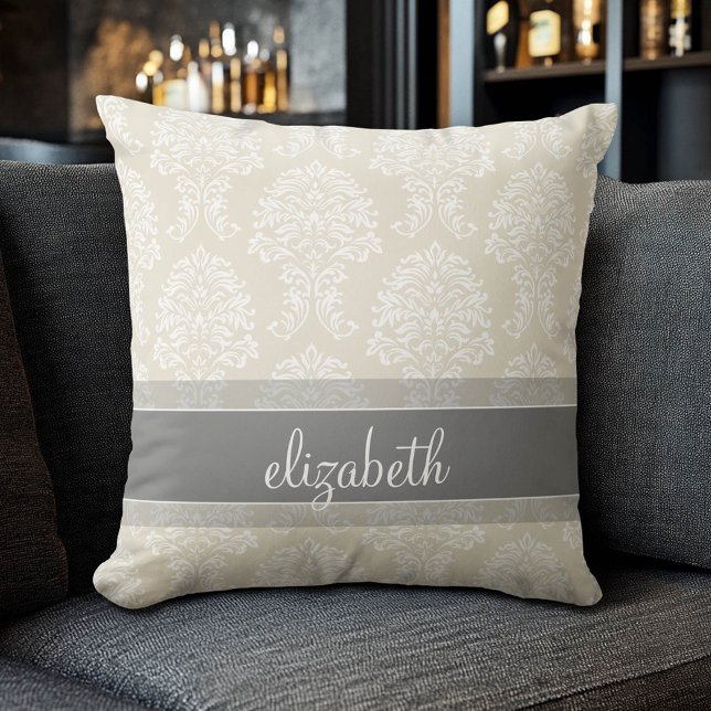 Gray en Linen  Damask Patroon met Naam Kussen (Monogram Pillow)