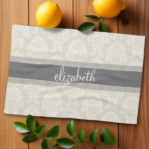 Gray en Linen  Damask Patroon met Naam Theedoek