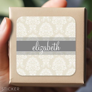 Gray en Linen Damask Patroon met Naam Vierkante Sticker