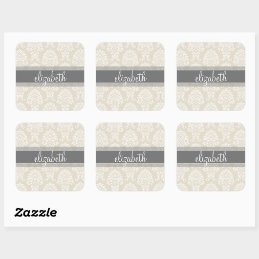Gray en Linen Damask Patroon met Naam Vierkante Sticker (Vel)