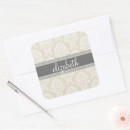 Gray en Linen Damask Patroon met Naam Vierkante Sticker (Envelop)