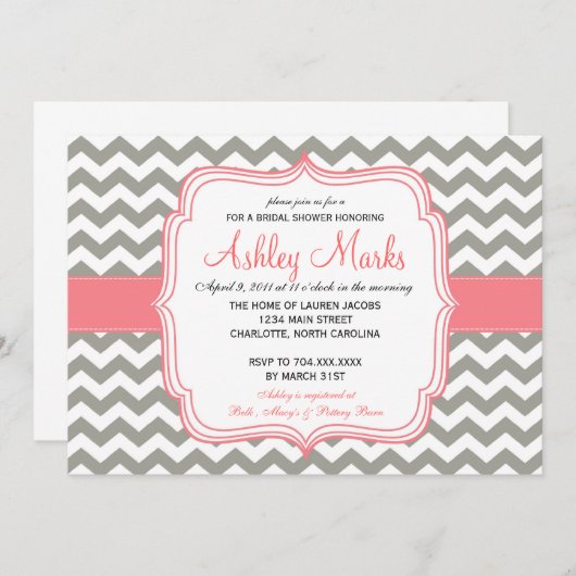 Gray en Roze Chevron Uitnodiging (Voorkant / Achterkant)