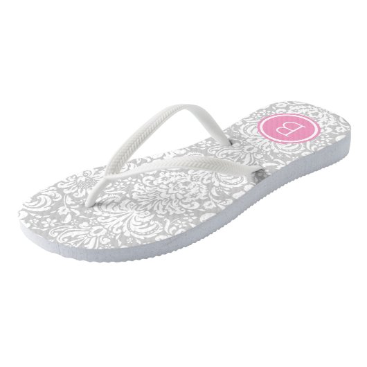 Gray en Roze Floral Damask Monogram Teenslippers (Schuin)