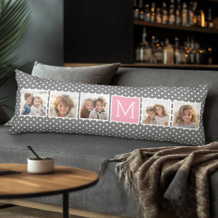 Gray en Roze instagram 5 Foto Collage Monogram Lichaamskussen