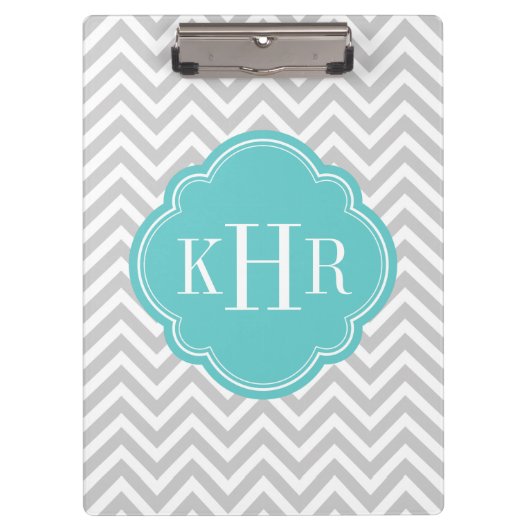 Gray en Turquoise Chevron Aangepast monogram Klembord (Voorkant)