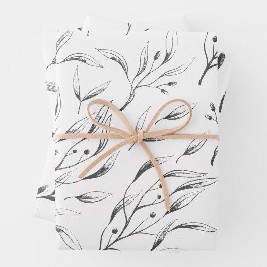 Gray en White Botanical Wrapping Paper Set (In situ)